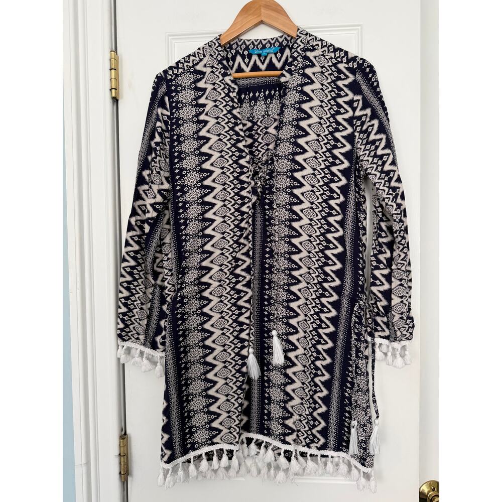 Blue Island Navy/White Geometric Short Swim Cover Up Cinch Waist Boho Tassels M